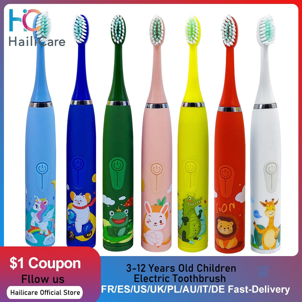 Kids Electric Toothbrush Sonic Cleaning Oral Bacteria IPX6 6 Replacement Waterproof Brush Heads 3 To 12 Years USB Smart Time