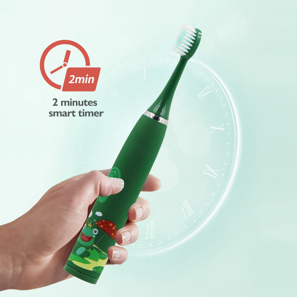 Kids Electric Toothbrush Sonic Cleaning Oral Bacteria IPX6 6 Replacement Waterproof Brush Heads 3 To 12 Years USB Smart Time