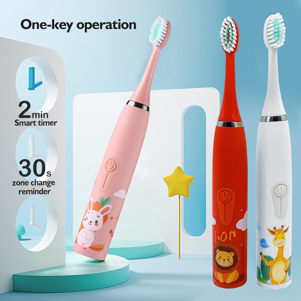 Kids Electric Toothbrush Sonic Cleaning Oral Bacteria IPX6 6 Replacement Waterproof Brush Heads 3 To 12 Years USB Smart Time