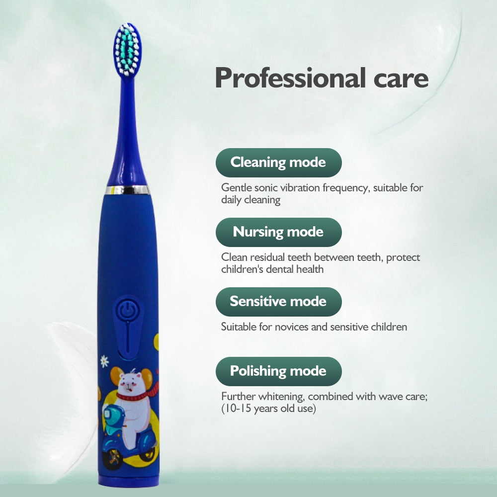 Kids Electric Toothbrush Sonic Cleaning Oral Bacteria IPX6 6 Replacement Waterproof Brush Heads 3 To 12 Years USB Smart Time