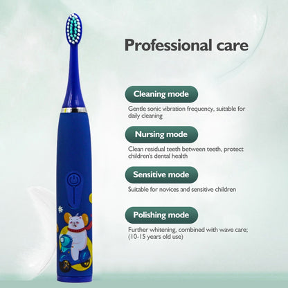Kids Electric Toothbrush Sonic Cleaning Oral Bacteria IPX6 6 Replacement Waterproof Brush Heads 3 To 12 Years USB Smart Time