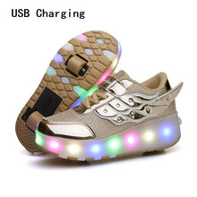 Load image into Gallery viewer, Children One Two Wheels Luminous Glowing Sneakers Gold Pink Led Light Roller Skate Shoes Kids Led Shoes Boys Girls USB Charging
