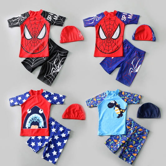 Children Swimwear 3pcs Swimsuit Boys Kids Swimming Hat Short Sleeve  Pants bathSuit Swim Beach Wear