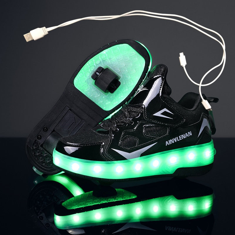 Children Two Wheels Luminous Glowing Sneakers Black Pink Red Led Light Roller Skate Shoes Kids Led Shoes Boys Girls USB Charging