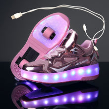 将图片加载到图库查看器，Children Two Wheels Luminous Glowing Sneakers Black Pink Red Led Light Roller Skate Shoes Kids Led Shoes Boys Girls USB Charging
