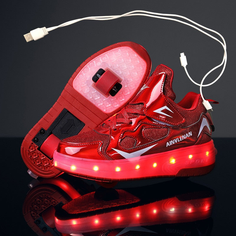 Children Two Wheels Luminous Glowing Sneakers Black Pink Red Led Light Roller Skate Shoes Kids Led Shoes Boys Girls USB Charging
