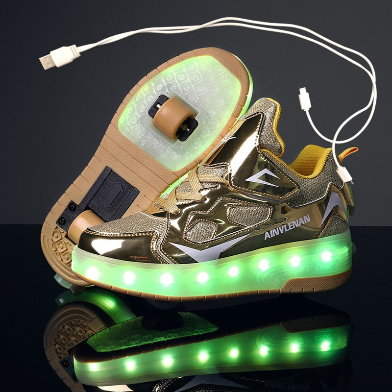 Children Two Wheels Luminous Glowing Sneakers Black Pink Red Led Light Roller Skate Shoes Kids Led Shoes Boys Girls USB Charging