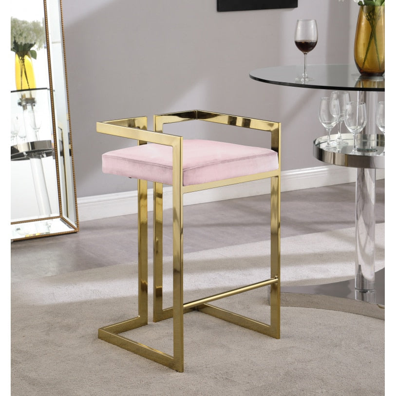 Chinafurniture Modern retro design velvet industrial furniture armrest golden metal leg high bar stool chair  home coffee shop
