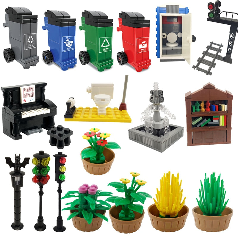 City Building Blocks Flower Piano Bookshelf Toilet Train Traffic Light Ashbin Creator Toys For Children Compatible MOC Citys Toy