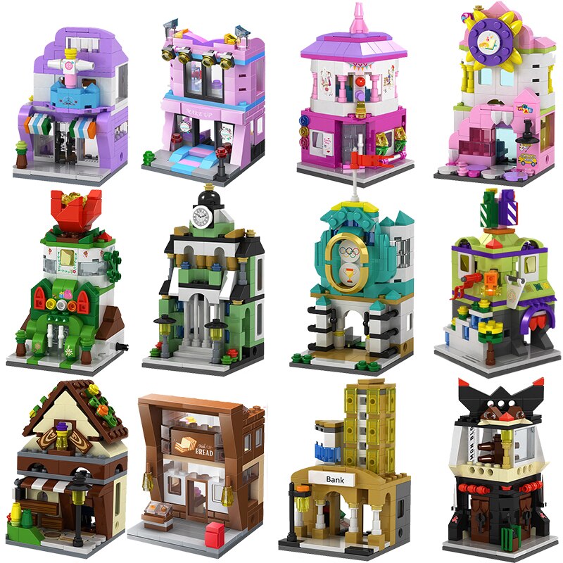 City Miniature Views Mini Street Coffee Shop Model Building Blocks Kits Bricks Kids Toys Girls Boys Flower Food Retail Store