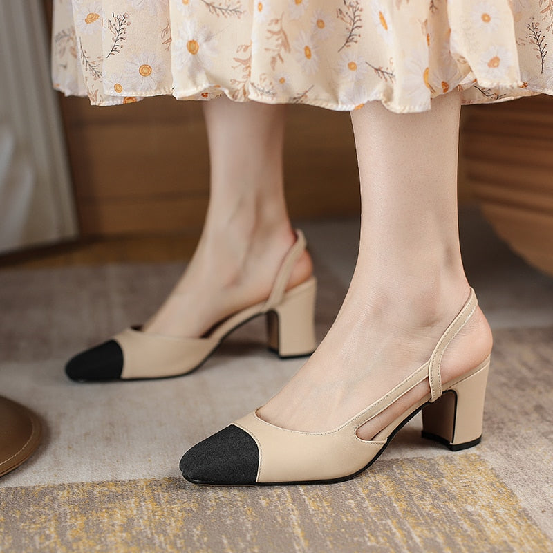 Classic Summer Women's Sandals Genuine Leather Closed Toe Mules Shoes Woman Slingbacks Nude Party Dress Shoes Ladeis Large Size