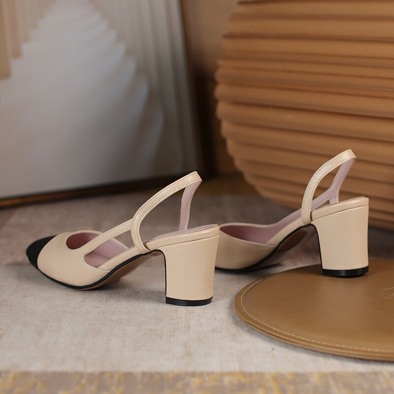 Classic Summer Women's Sandals Genuine Leather Closed Toe Mules Shoes Woman Slingbacks Nude Party Dress Shoes Ladeis Large Size