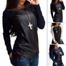 将图片加载到图库查看器，Women&#39;s Scoop Neck Sweater Jumpers Long Sleeve Clothing Women Tops Leather Casual Baseball Tee Blouse Shirts Outwear
