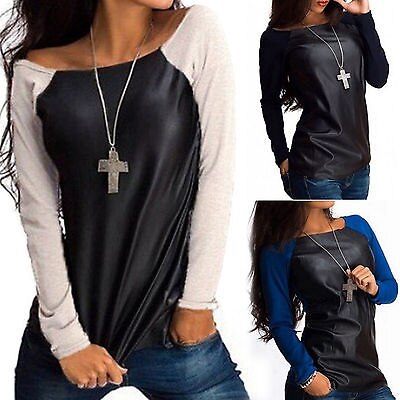 Women's Scoop Neck Sweater Jumpers Long Sleeve Clothing Women Tops Leather Casual Baseball Tee Blouse Shirts Outwear