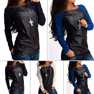 Women's Scoop Neck Sweater Jumpers Long Sleeve Clothing Women Tops Leather Casual Baseball Tee Blouse Shirts Outwear