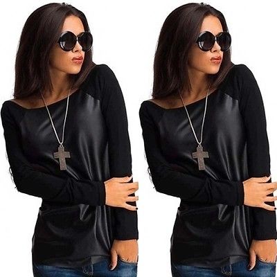 Women's Scoop Neck Sweater Jumpers Long Sleeve Clothing Women Tops Leather Casual Baseball Tee Blouse Shirts Outwear