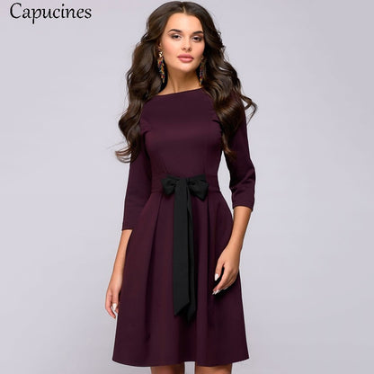 Colorblock Bow Sashes Slim A-Line Dress Women 2019 Spring Autumn Casual O-Neck 3/4 Sleeves Dress Sexy Club Party Mini Dresses