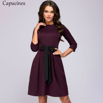 Colorblock Bow Sashes Slim A-Line Dress Women 2019 Spring Autumn Casual O-Neck 3/4 Sleeves Dress Sexy Club Party Mini Dresses