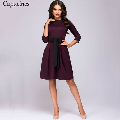 Colorblock Bow Sashes Slim A-Line Dress Women 2019 Spring Autumn Casual O-Neck 3/4 Sleeves Dress Sexy Club Party Mini Dresses