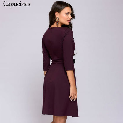 Colorblock Bow Sashes Slim A-Line Dress Women 2019 Spring Autumn Casual O-Neck 3/4 Sleeves Dress Sexy Club Party Mini Dresses