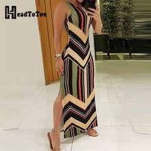 Load image into Gallery viewer, Colorful Striped Print Side Slit Maxi Dress Women Colorblock Sleeveless Slim Long Dresses
