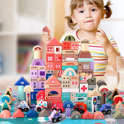 Colourful Wooden Toys City Traffic Scenes Geometric Shape Assembled Building Blocks 100 Pcs Early Educational Toys For Kids