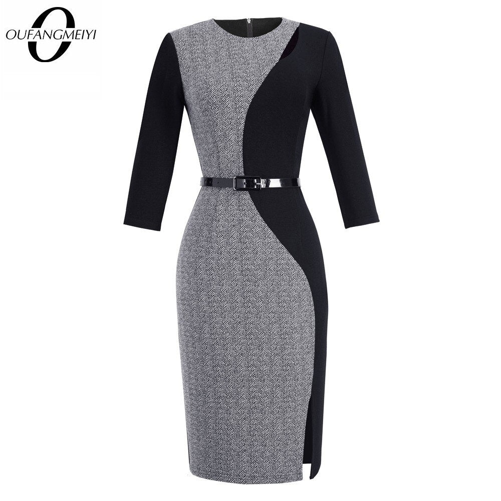 Women's Contrast Patchwork Keyhole Sash Work Office Lady Dress Fashion Round Neck Split Skinny Business Dress EB478