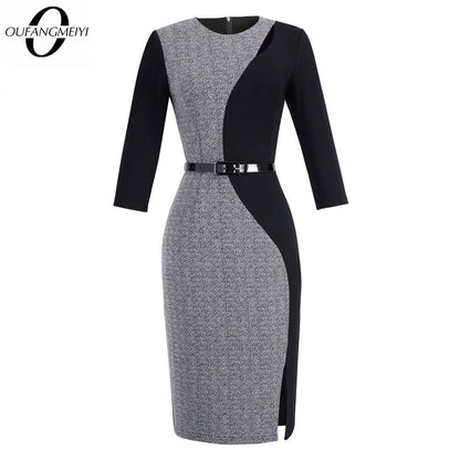 Women's Contrast Patchwork Keyhole Sash Work Office Lady Dress Fashion Round Neck Split Skinny Business Dress EB478