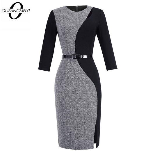 Women's Contrast Patchwork Keyhole Sash Work Office Lady Dress Fashion Round Neck Split Skinny Business Dress EB478