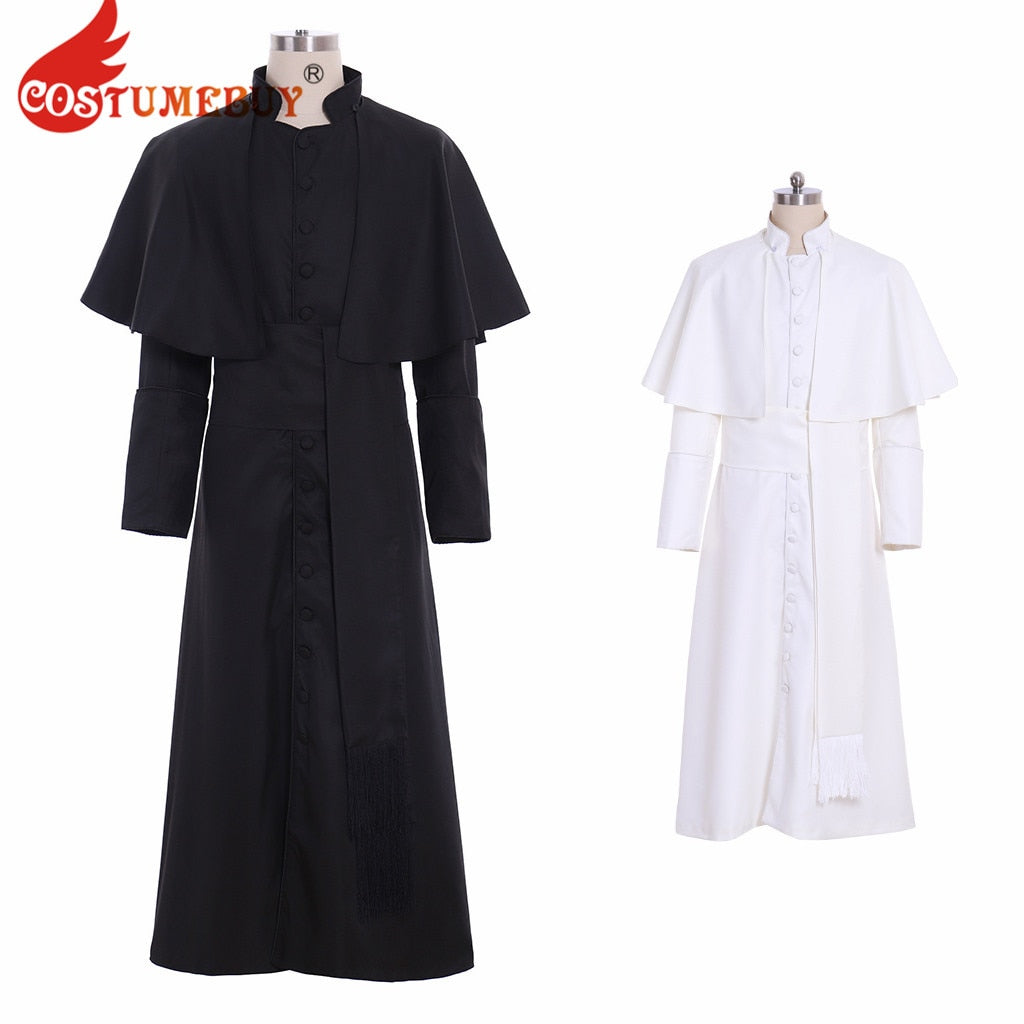 CostumeBuy Priest Cassock Robe Roman Clergyman White Black Robe Gown Ritual Robe Gothic Wizard Vestments Costume L920