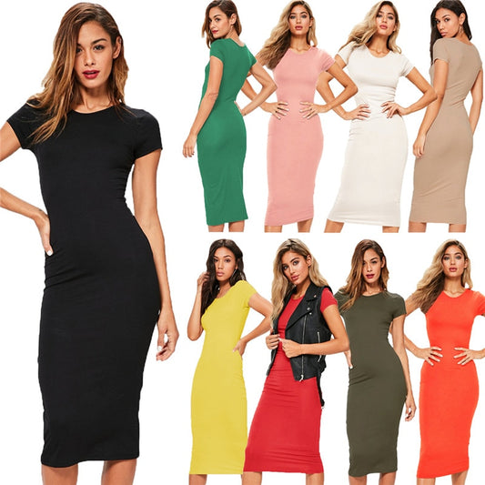 Long Party Dress Fashion Solid O Neck Short Sleeve Office Lady Summer Dress Plus Size Slim Casual Pencil Vestidos