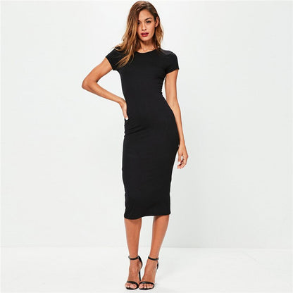 Long Party Dress Fashion Solid O Neck Short Sleeve Office Lady Summer Dress Plus Size Slim Casual Pencil Vestidos