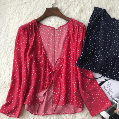 Crop top women chiffon blouses 2020 autumn Star print red long sleeve kimono cardigan blusas summer tops shirts
