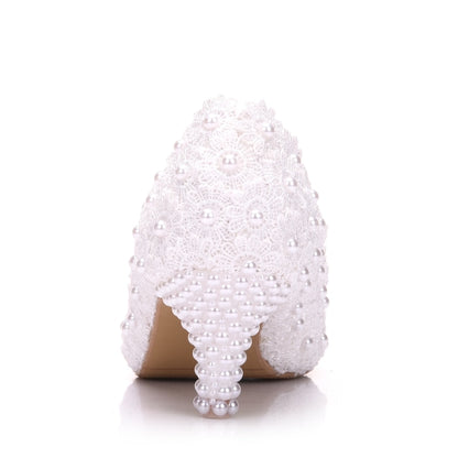 Crystal Queen White Lace Wedding Shoes 5CM Thick kitten Heel Shoes White Lace Pumps Princess Party Birthday Heels