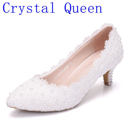 Crystal Queen White Lace Wedding Shoes 5CM Thick kitten Heel Shoes White Lace Pumps Princess Party Birthday Heels