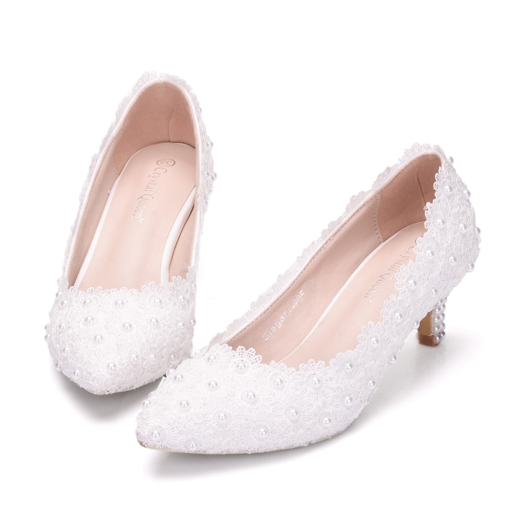 Crystal Queen White Lace Wedding Shoes 5CM Thick kitten Heel Shoes White Lace Pumps Princess Party Birthday Heels