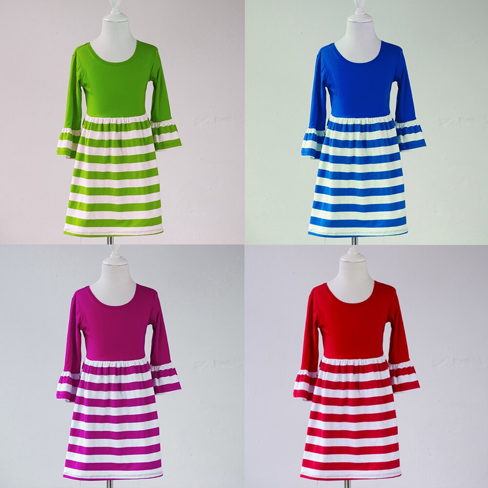 Girl's Long Sleeve Striped Dress Clothing Fashion Girls Casual Knee-length Dress Elegant Stripe Flare Sleeve Dress 50 Pieces