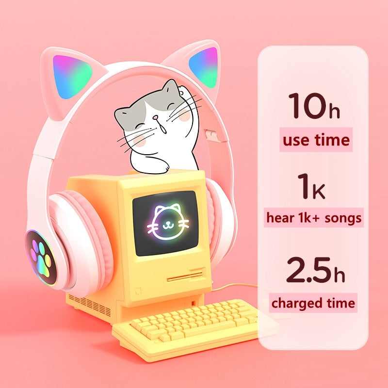 Cute Cat Wireless Kids Headphone with Mic and bag Can Close Light Girl Phone Gamer Music Bluetooth Earphone Support TF Card Gift