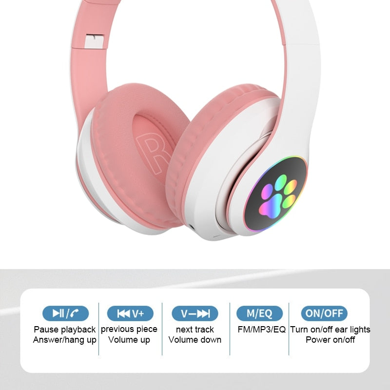 Cute Cat Wireless Kids Headphone with Mic and bag Can Close Light Girl Phone Gamer Music Bluetooth Earphone Support TF Card Gift
