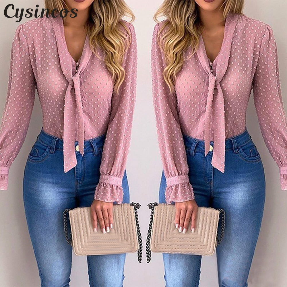 Cysincos Chiffon Blouses Women 2020 Summer Fashion Long Sleeve V-neck Pink Shirt Office Blouse Slim Casual Tops Female Plus Size