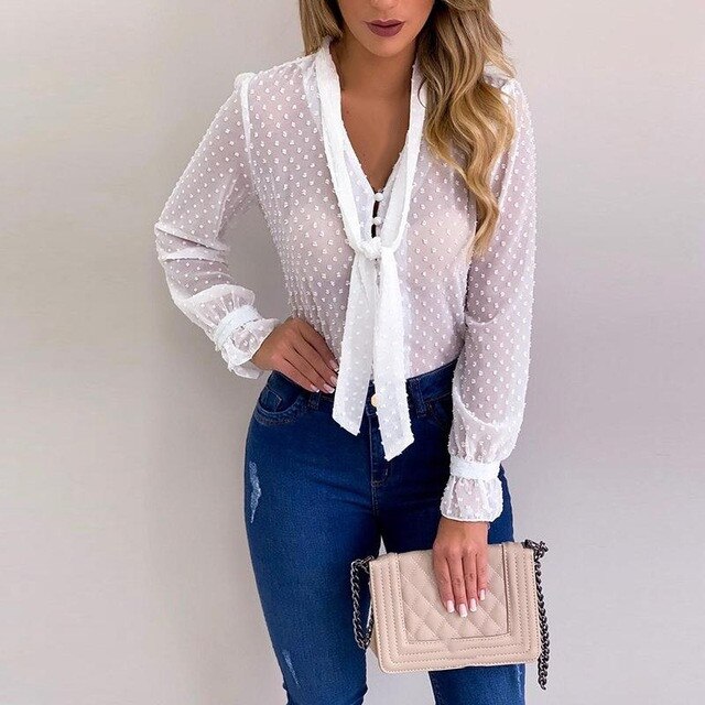 Cysincos Chiffon Blouses Women 2020 Summer Fashion Long Sleeve V-neck Pink Shirt Office Blouse Slim Casual Tops Female Plus Size