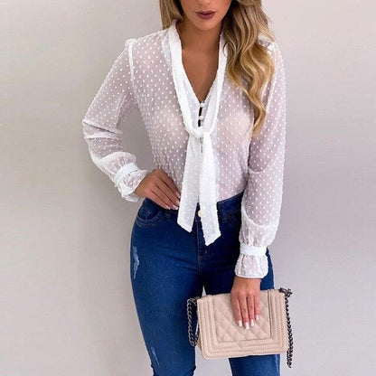 Cysincos Chiffon Blouses Women 2020 Summer Fashion Long Sleeve V-neck Pink Shirt Office Blouse Slim Casual Tops Female Plus Size