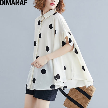 DIMANAF Plus Size Women Blouse Shirt Big Size Summer Casual Lady Tops Tunic Print Polka Dot Loose Female Clothes Batwing Sleeve. Colours are black and white