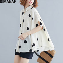 Charger l&#39;image dans la galerie, DIMANAF Plus Size Women Blouse Shirt Big Size Summer Casual Lady Tops Tunic Print Polka Dot Loose Female Clothes Batwing Sleeve. Colours are black and white
