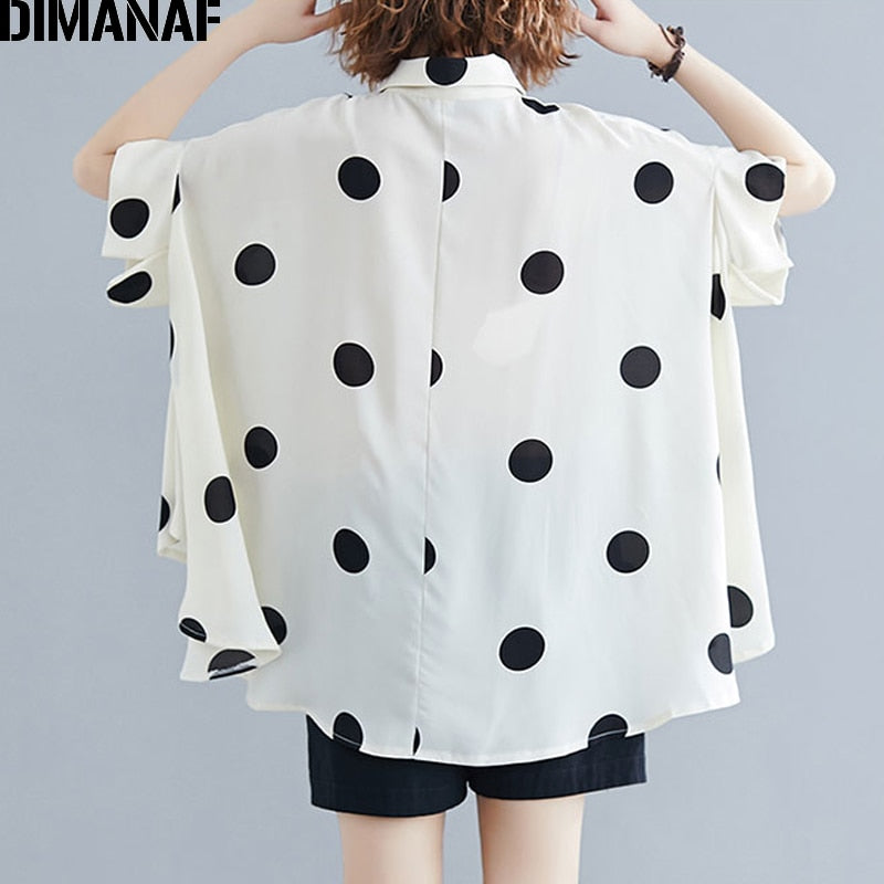 DIMANAF Plus Size Women Blouse Shirt Big Size Summer Casual Lady Tops Tunic Print Polka Dot Loose Female Clothes Batwing Sleeve. Colours are black and white