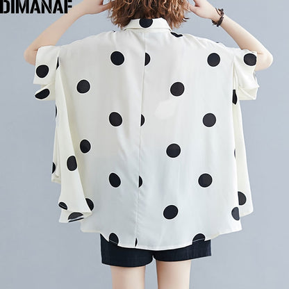DIMANAF Plus Size Women Blouse Shirt Big Size Summer Casual Lady Tops Tunic Print Polka Dot Loose Female Clothes Batwing Sleeve. Colours are black and white