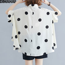 Charger l&#39;image dans la galerie, DIMANAF Plus Size Women Blouse Shirt Big Size Summer Casual Lady Tops Tunic Print Polka Dot Loose Female Clothes Batwing Sleeve. Colours are black and white
