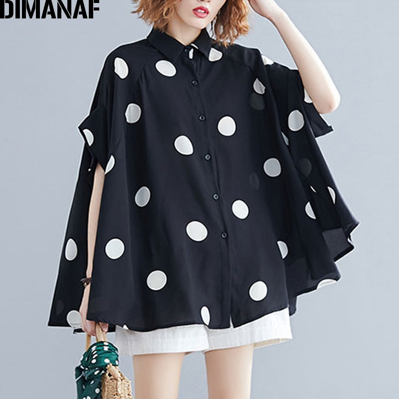 DIMANAF Plus Size Women Blouse Shirt Big Size Summer Casual Lady Tops Tunic Print Polka Dot Loose Female Clothes Batwing Sleeve. Colours are black and white