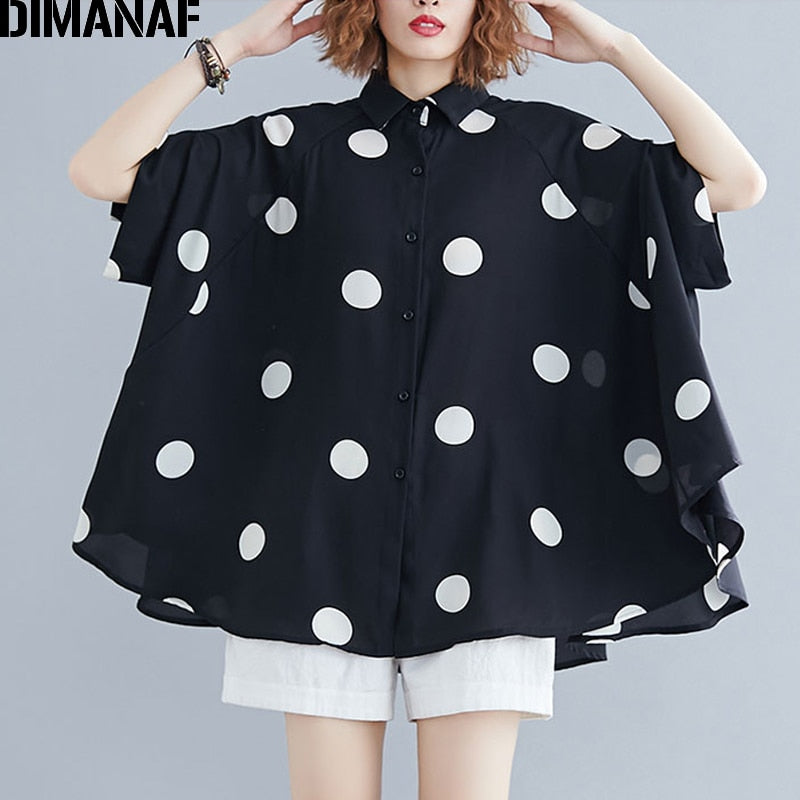 DIMANAF Plus Size Women Blouse Shirt Big Size Summer Casual Lady Tops Tunic Print Polka Dot Loose Female Clothes Batwing Sleeve. Colours are black and white