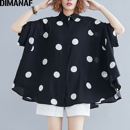 DIMANAF Plus Size Women Blouse Shirt Big Size Summer Casual Lady Tops Tunic Print Polka Dot Loose Female Clothes Batwing Sleeve. Colours are black and white